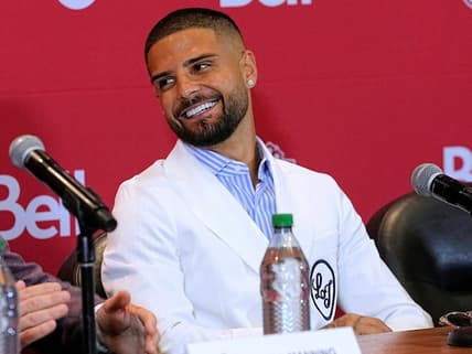 Jun 27, 2022; Toronto, Ontario, Canada; Toronto FC designated player Lorenzo Insigne during a press conference at BMO Field. Mandatory Credit: John E. Sokolowski-USA TODAY Sports