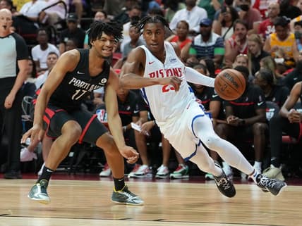 Jul 7, 2022; Las Vegas, NV, USA; Detroit Pistons guard Jaden Ivey (23) dribbles against Portland Trail Blazers guard Shaedon Sharpe (17) during an NBA Summer League game at T&M. Mandatory Credit: Stephen R. Sylvanie-USA TODAY Sports