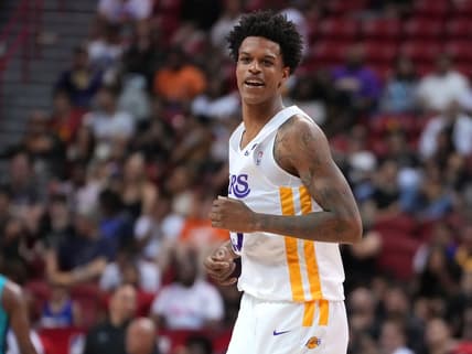Jul 10, 2022; Las Vegas, NV, USA; Los Angeles Lakers forward Shareef O'Neal (45) reacts after a play during an NBA Summer League game against the Charlotte Hornets at Thomas & Mack Center. Mandatory Credit: Stephen R. Sylvanie-USA TODAY Sports