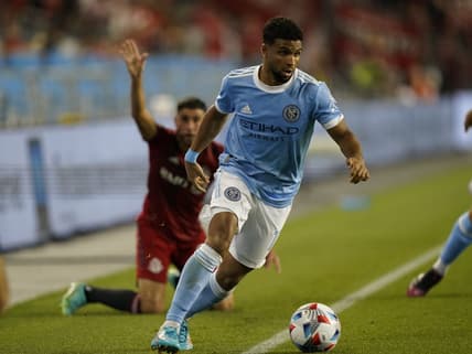 Aug 7, 2021; Toronto, Ontario, CAN; New York City FC forward Ismael Tajouri-Shradi (17) gets control of the ball against Toronto FC during the second half at BMO Field. Mandatory Credit: John E. Sokolowski-USA TODAY Sports