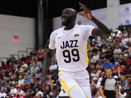 Jul 11, 2022; Las Vegas, NV, USA; Utah Jazz guard Tacko Fall (99) calls for a pass during an NBA Summer League game against the Dallas Mavericks at Cox Pavilion. Mandatory Credit: Stephen R. Sylvanie-USA TODAY Sports