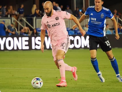 Aug 3, 2022; San Jose, California, USA; Inter Miami FC attacker Gonzalo Higuain (10) brings the ball down the field ahead of San Jose Earthquakes defender Nathan (13) during the second half at PayPal Park. Mandatory Credit: Kelley L Cox-USA TODAY Sports