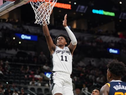 Oct 4, 2021; San Antonio, Texas, USA;  San Antonio Spurs guard Josh Primo (11) shoots in the second half against the Utah Jazz at the AT&T Center. Mandatory Credit: Daniel Dunn-USA TODAY Sports