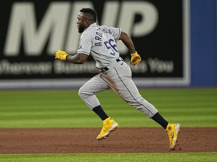 Sep 12, 2022; Toronto, Ontario, CAN; Tampa Bay Rays right fielder Randy Arozarena (56) runs to third base on a throwing error by Toronto Blue Jays catcher Danny Jansen (not pictured) during the sixth inning at Rogers Centre. Mandatory Credit: John E. Sokolowski-USA TODAY Sports
