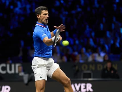 Sep 25, 2022; London, United Kingdom; Novak Djokovic (SRB) plays a shot against Felix Auger-Aliassime (CAN) in Laver Cup singles. Mandatory Credit: Peter van den Berg-USA TODAY Sports