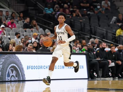 Oct 4, 2021; San Antonio, Texas, USA;  San Antonio Spurs guard Josh Primo (11) dribbles the ball in the second half against the Utah Jazz at the AT&T Center. Mandatory Credit: Daniel Dunn-USA TODAY Sports