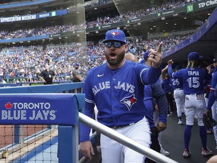 Oct 1, 2022; Toronto, Ontario, CAN; Toronto Blue Jays interim manager John Schneider in the dugout before the start of a game against the Boston Red Sox at Rogers Centre. Mandatory Credit: John E. Sokolowski-USA TODAY Sports