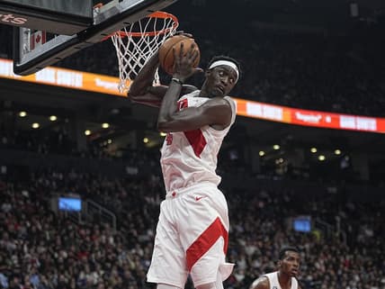 Oct 31, 2022; Toronto, Ontario, CAN; Toronto Raptors forward Pascal Siakam (43) grabs a rebound against the Atlanta Hawks during the first half at Scotiabank Arena. Mandatory Credit: John E. Sokolowski-USA TODAY Sports