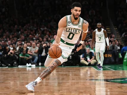 Nov 14, 2022; Boston, Massachusetts, USA; Boston Celtics forward Jayson Tatum (0) dribbles the ball up the court  during the first half of a game against the Oklahoma City Thunder at the TD Garden. Mandatory Credit: Brian Fluharty-USA TODAY Sports