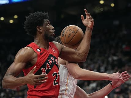 Nov 16, 2022; Toronto, Ontario, CAN; Toronto Raptors forward Thaddeus Young (21) goes to grab a rebound against the Miami Heat during the second half at Scotiabank Arena. Mandatory Credit: John E. Sokolowski-USA TODAY Sports
