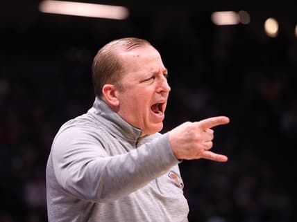 Mar 7, 2022; Sacramento, California, USA; New York Knicks head coach Tom Thibodeau calls out from the sideline during the fourth quarter against the Sacramento Kings at Golden 1 Center. Mandatory Credit: Kelley L Cox-USA TODAY Sports