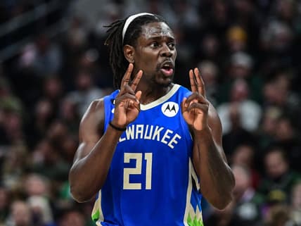 Dec 7, 2022; Milwaukee, Wisconsin, USA; Milwaukee Bucks guard Jrue Holiday (21) reacts in the third quarter during game against Sacramento Kings at Fiserv Forum. Mandatory Credit: Benny Sieu-USA TODAY Sports
