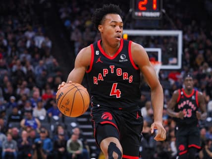 Jan 25, 2023; Sacramento, California, USA; Toronto Raptors power forward Scottie Barnes (4) controls the ball during the first quarter against the Sacramento Kings at Golden 1 Center. Mandatory Credit: Kelley L Cox-USA TODAY Sports