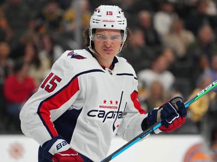 Jan 21, 2023; Las Vegas, Nevada, USA; Washington Capitals left wing Sonny Milano (15) skates against the Vegas Golden Knights during the first period at T-Mobile Arena. Mandatory Credit: Stephen R. Sylvanie-USA TODAY Sports