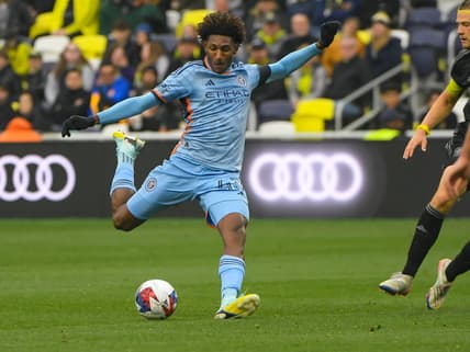 Feb 25, 2023; Nashville, Tennessee, USA;  New York City forward Talles Magno (43) takes a shot on goal against the Nashville SC during the first half at Geodis Park. Mandatory Credit: Steve Roberts-USA TODAY Sports