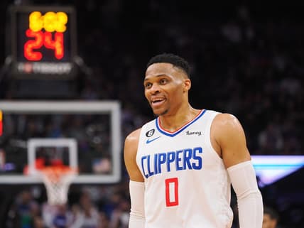 Mar 3, 2023; Sacramento, California, USA; Los Angeles Clippers point guard Russell Westbrook (0) calls for the coaching staff to challenge a call against the Sacramento Kings during the third quarter at Golden 1 Center. Mandatory Credit: Kelley L Cox-USA TODAY Sports