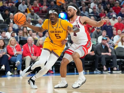 Mar 10, 2023; Las Vegas, NV, USA; Arizona State Sun Devils guard Desmond Cambridge Jr. (4) dribbles against Arizona Wildcats guard Kylan Boswell (4) during the first half at T-Mobile Arena. Mandatory Credit: Stephen R. Sylvanie-USA TODAY Sports