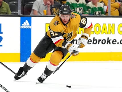 Mar 16, 2023; Las Vegas, Nevada, USA; Vegas Golden Knights right wing Jonathan Marchessault (81) skates against the Calgary Flames during the second period at T-Mobile Arena. Mandatory Credit: Stephen R. Sylvanie-USA TODAY Sports