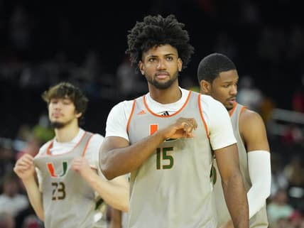 Mar 31, 2023; Houston, TX, USA; Miami Hurricanes forward Norchad Omier (15) during a practice session the day before the Final Four of the 2023 NCAA Tournament at NRG Stadium. Mandatory Credit: Robert Deutsch-USA TODAY Sports