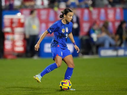 Feb 22, 2023; Frisco, Texas, USA; United States of America forward Mallory Swanson (9) against Brazil during the second half at Toyota Stadium. Mandatory Credit: Chris Jones-USA TODAY Sports