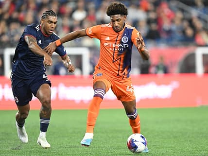 Apr 1, 2023; Foxborough, Massachusetts, USA; New York City forward Talles Magno (43) controls the ball against New England Revolution defender Christian Makoun (6) during the first half at Gillette Stadium. Mandatory Credit: Brian Fluharty-USA TODAY Sports