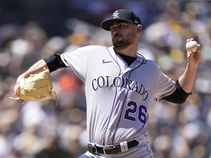 Apr 2, 2023; San Diego, California, USA;  Colorado Rockies starting pitcher Austin Gomber (26) throws a pitch against the San Diego Padres during the first inning at Petco Park. Mandatory Credit: Ray Acevedo-USA TODAY Sports