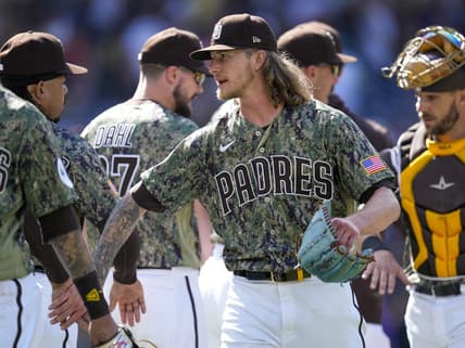 Apr 2, 2023; San Diego, California, USA;  San Diego Padres relief pitcher Josh Hader (71) celebrates the win with teammates against the Colorado Rockies after the game at Petco Park. Mandatory Credit: Ray Acevedo-USA TODAY Sports