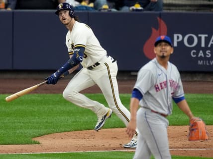 Apr 3, 2023; Milwaukee, Wisconsin, USA; Milwaukee Brewers third baseman Brian Anderson (9) hits a two-run home run off of New York Mets starting pitcher Carlos Carrasco (59) during the fourth inning of their game at American Family Field. Mandatory Credit: Mark Hoffman/Milwaukee Journal Sentinel-USA TODAY Sports