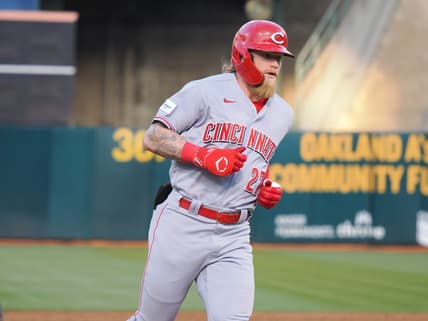 Apr 28, 2023; Oakland, California, USA; Cincinnati Reds outfielder Jake Fraley (27) rounds the bases on a two-run home run against the Oakland Athletics during the third inning at Oakland Coliseum. Mandatory Credit: Kelley L Cox-USA TODAY Sports