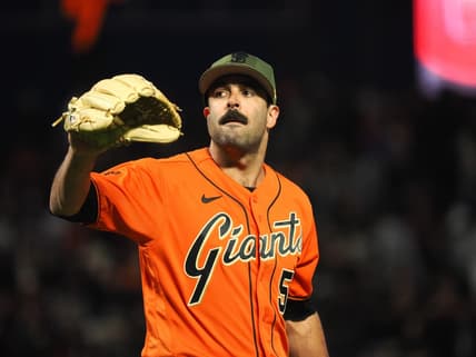 May 19, 2023; San Francisco, California, USA; San Francisco Giants relief pitcher Scott Alexander (54) between pitches against the Miami Marlins during the sixth inning at Oracle Park. Mandatory Credit: Kelley L Cox-USA TODAY Sports