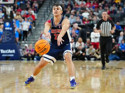 Mar 11, 2023; Las Vegas, NV, USA; Arizona Wildcats guard Kerr Kriisa (25) plays against the UCLA Bruins during the second half at T-Mobile Arena. Mandatory Credit: Stephen R. Sylvanie-USA TODAY Sports
