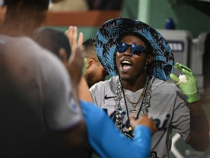 Jun 28, 2023; Boston, Massachusetts, USA; Miami Marlins center fielder Jazz Chisholm Jr. (2) celebrates after hitting a home run against the Boston Red Sox during the seventh inning at Fenway Park. Mandatory Credit: Brian Fluharty-USA TODAY Sports