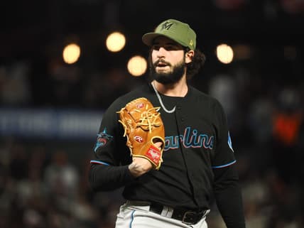 May 19, 2023; San Francisco, California, USA; Miami Marlins relief pitcher Andrew Nardi (43) on the mound against the San Francisco Giants during the sixth inning at Oracle Park. Mandatory Credit: Kelley L Cox-USA TODAY Sports