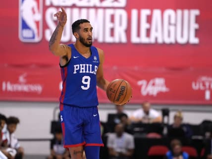Jul 16, 2022; Las Vegas, NV, USA; Philadelphia 76ers guard Trevelin Queen (9) dribbles against the Chicago Bulls during an NBA Summer League game at Cox Pavillion. Mandatory Credit: Stephen R. Sylvanie-USA TODAY Sports