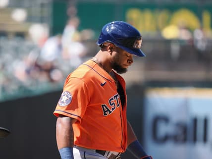 Jul 23, 2023; Oakland, California, USA; Houston Astros left fielder Corey Julks (9) walks to second base after being hit by a pitch by the Oakland Athletics during the ninth inning at Oakland-Alameda County Coliseum. Mandatory Credit: Kelley L Cox-USA TODAY Sports