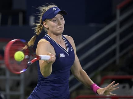 Aug 8, 2023; Montreal, Quebec, Canada; Elena Rybakina (KAZ) hits a forehand against Jennifer Brady (USA) (not pictured) during second round play at IGA Stadium. Mandatory Credit: Eric Bolte-USA TODAY Sports