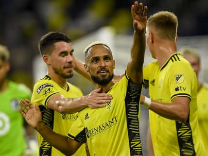 Aug 11, 2023; Nashville, TN, USA; Nashville SC midfielder Hany Mukhtar (10) waves to the crowd after his goal against the Minnesota United during the second half at GEODIS Park. Mandatory Credit: Steve Roberts-USA TODAY Sports