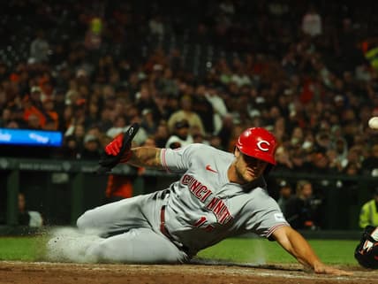 Aug 28, 2023; San Francisco, California, USA; Cincinnati Reds left fielder Nick Senzel (15) scores a run against the San Francisco Giants during the eighth inning at Oracle Park. Mandatory Credit: Kelley L Cox-USA TODAY Sports