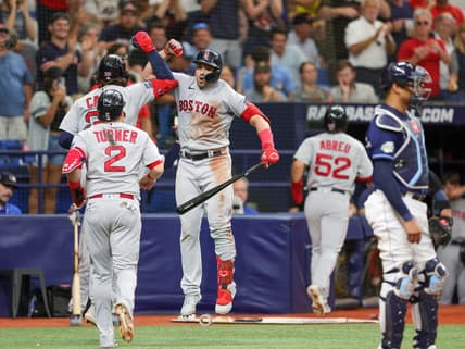 Sep 4, 2023; St. Petersburg, Florida, USA; Boston Red Sox right fielder Adam Duvall (18) congratulates first baseman Triston Casas (36) after hitting a there-run home run against the Tampa Bay Rays in the sixth inning at Tropicana Field. Mandatory Credit: Nathan Ray Seebeck-USA TODAY Sports