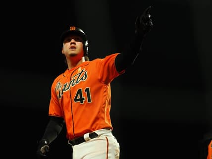Sep 8, 2023; San Francisco, California, USA; San Francisco Giants first baseman Wilmer Flores (41) gestures towards fans after hitting a two-run home run against the Colorado Rockies during the sixth inning at Oracle Park. Mandatory Credit: Kelley L Cox-USA TODAY Sports