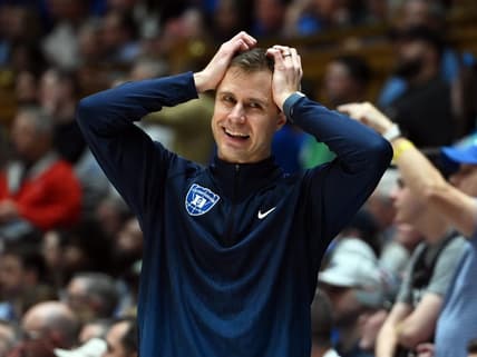 Feb 12, 2024; Durham, North Carolina, USA;  Duke Blue Devils head coach Jon Scheyer reacts during the second half against the Wake Forest Deamon Deacons at Cameron Indoor Stadium. The Blue Devils won 77-69. Mandatory Credit: Rob Kinnan-USA TODAY Sports