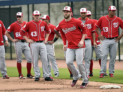 Feb 21, 2017; West Palm Beach, FL, USA; Washington Nationals right fielder Bryce Harper (34) works on running drills during spring training workouts at The Ballpark of the Palm Beaches. Mandatory Credit: Steve Mitchell-USA TODAY Sports