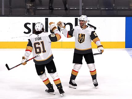 Mar 5, 2021; San Jose, California, USA; Vegas Golden Knights left wing Max Pacioretty (67) celebrates with right wing Mark Stone (61) after scoring the game winning goal against the San Jose Sharks during the overtime period at SAP Center at San Jose. Mandatory Credit: Kelley L Cox-USA TODAY Sports
