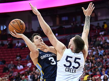Jul 15, 2019; Las Vegas, NV, USA; Memphis Grizzlies guard Grayson Allen (3) shoots against Minnesota Timberwolves forward Mitch Creek (55) during the first half of the NBA Summer League championship game at Thomas & Mack Center. Mandatory Credit: Stephen R. Sylvanie-USA TODAY Sports