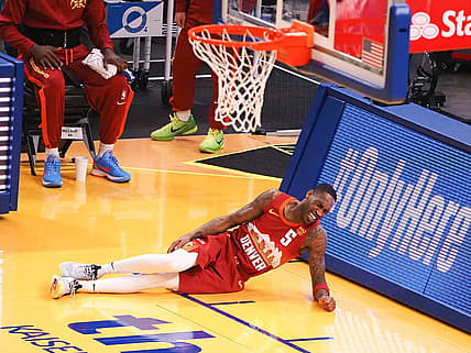 Apr 23, 2021; San Francisco, California, USA; Denver Nuggets guard Will Barton (5) lays on the court with an injury during the first quarter against the Golden State Warriors at Chase Center. Mandatory Credit: Kelley L Cox-USA TODAY Sports
