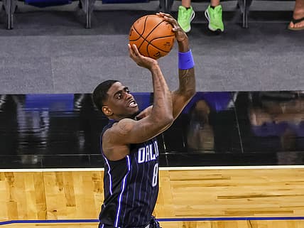 May 5, 2021; Orlando, Florida, USA; Orlando Magic guard Dwayne Bacon (8) shoots the ball during the first quarter against the Boston Celtics at Amway Center. Mandatory Credit: Mike Watters-USA TODAY Sports