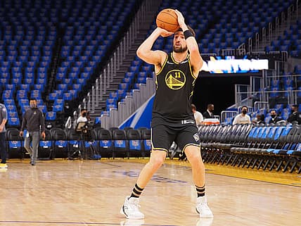 Nov 3, 2021; San Francisco, California, USA; Golden State Warriors guard Klay Thompson (11) warms up before the game against the Charlotte Hornets at Chase Center. Mandatory Credit: Kelley L Cox-USA TODAY Sports