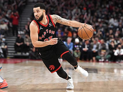 Dec 10, 2021; Toronto, Ontario, CAN;  Toronto Raptors guard Fred VanVleet (23) dribbles the ball against the New York Knicks in the second half at Scotiabank Arena. Mandatory Credit: Dan Hamilton-USA TODAY Sports