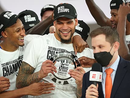 Dec 22, 2021; Las Vegas, NV, USA; Delaware Blue Coats guard Jarron Cumberland (34) is named G League Showcase Cup Most Valuable Player after the Blue Coats defeated the Oklahoma City Blue 104-98 in the Championship game at Mandalay Bay Convention Center. Mandatory Credit: Stephen R. Sylvanie-USA TODAY Sports