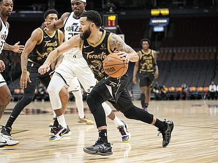 Jan 7, 2022; Toronto, Ontario, CAN; Toronto Raptors guard Fred VanVleet (23) drives to the net against the Utah Jazz during the first half at Scotiabank Arena. Mandatory Credit: John E. Sokolowski-USA TODAY Sports